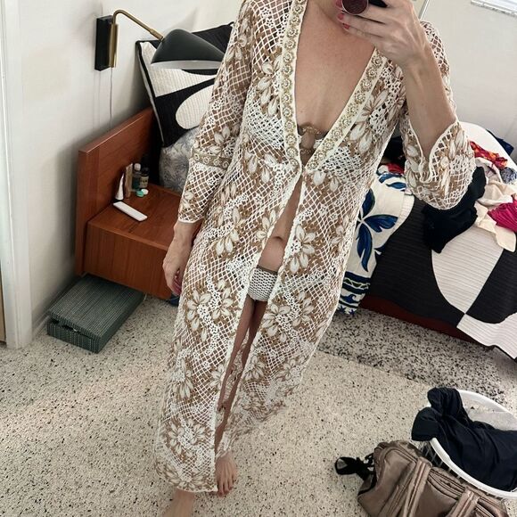 Boston Proper white tan neutral duster crochet beach swim coverup XS - Picture 3 of 8